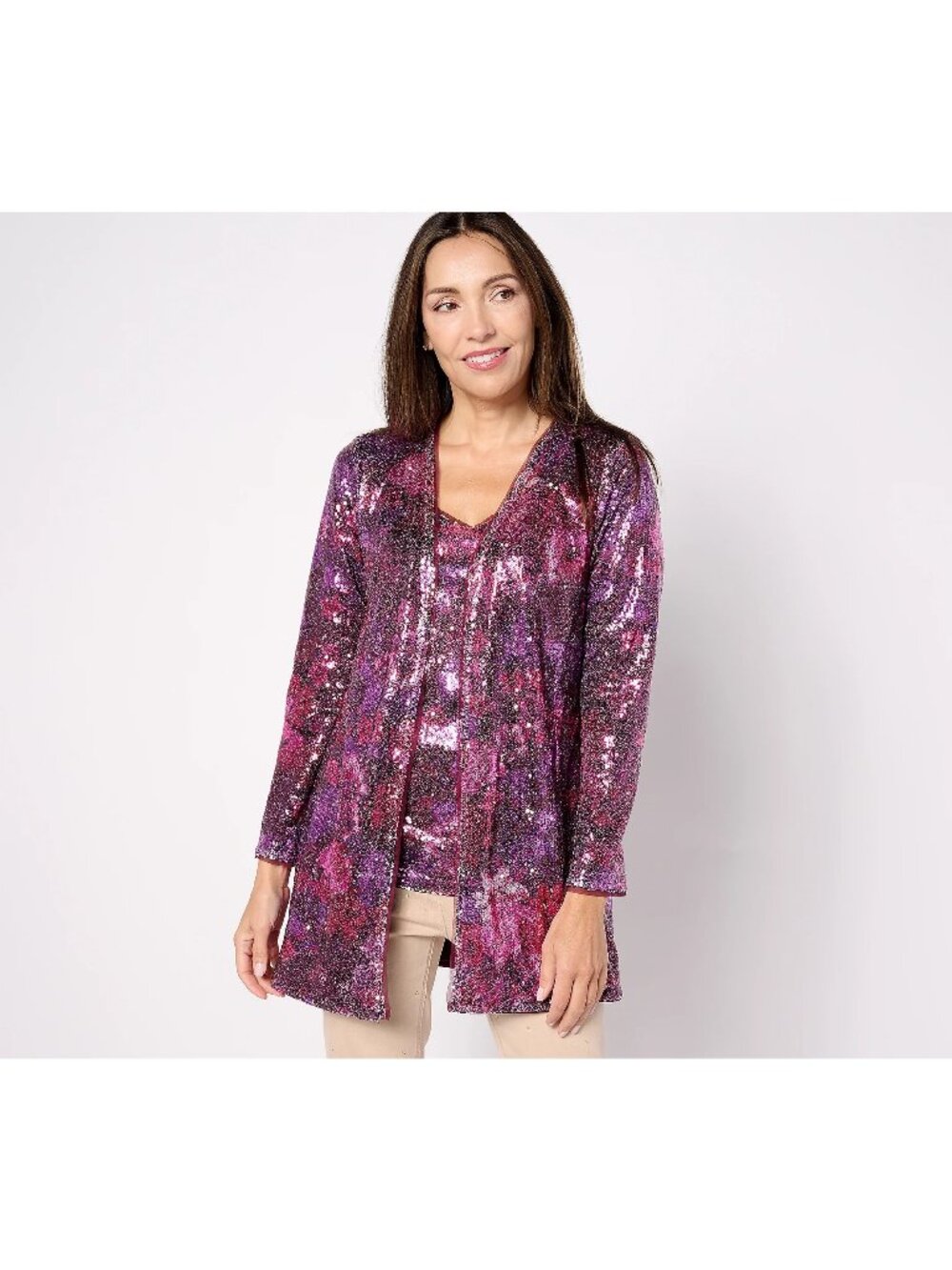 Isaac Mizrahi Live! Cardigan Large Long Sleeve Sequin Embellished Wine Floral